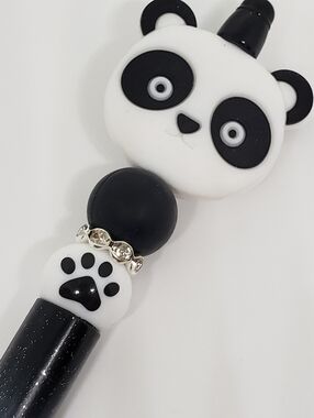 Handmade Glitter Black White Kawaii Panda Beaded Silicone Focal Bead Pen